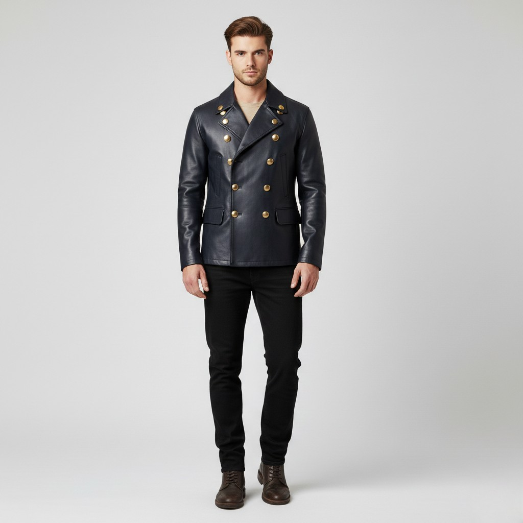 Chaqueta estilo piel de botonadura cruzada para hombre