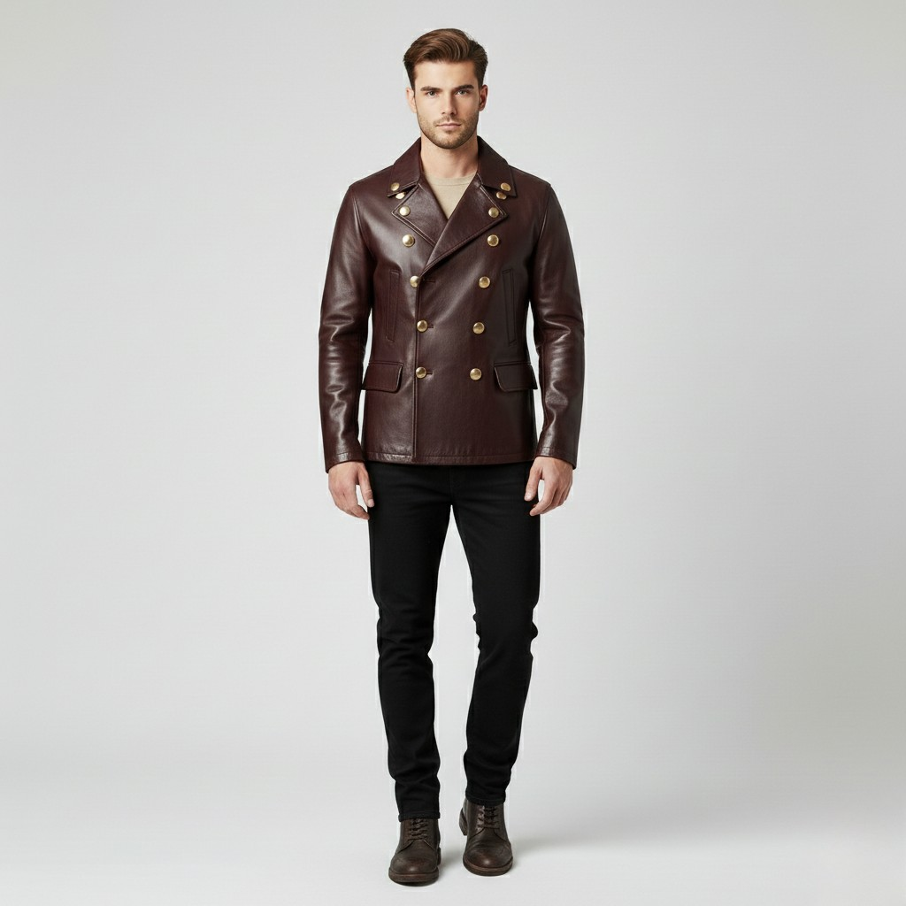 Chaqueta estilo piel de botonadura cruzada para hombre
