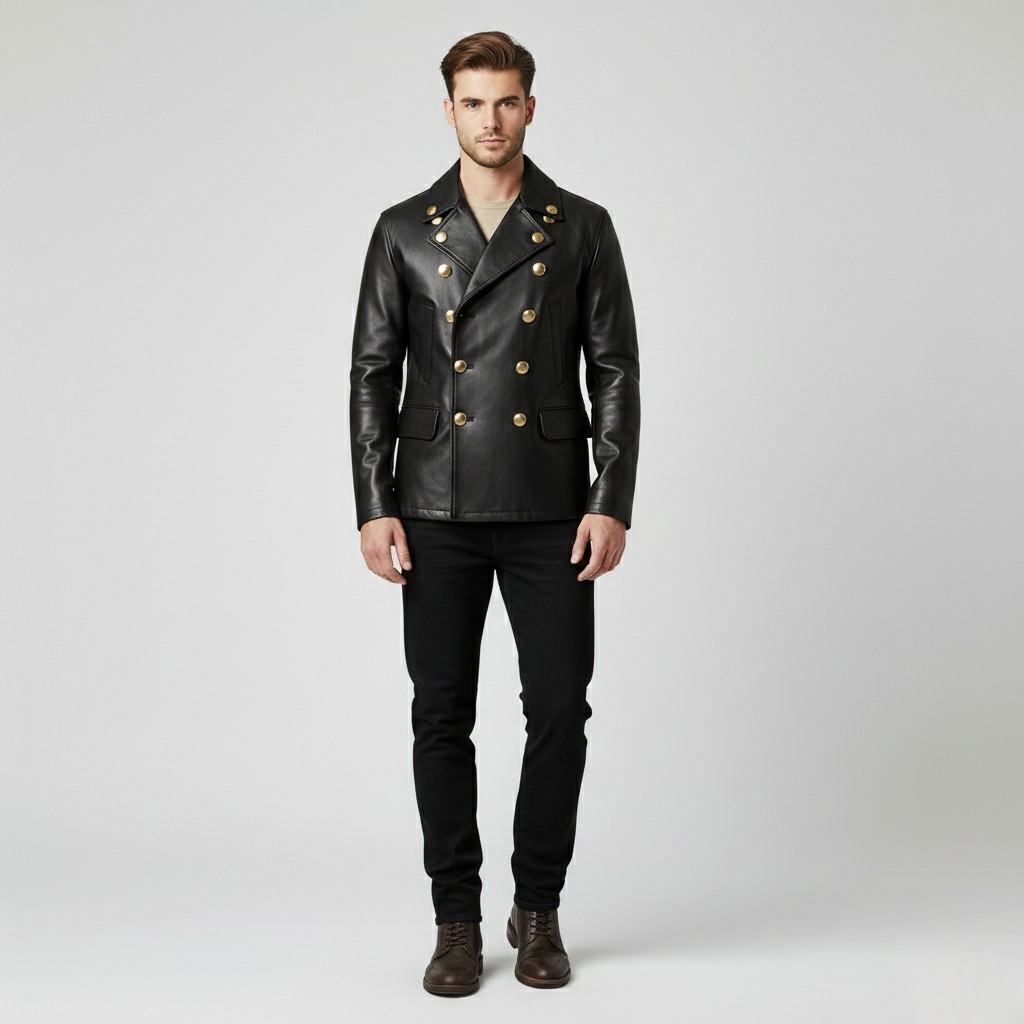 Chaqueta estilo piel de botonadura cruzada para hombre